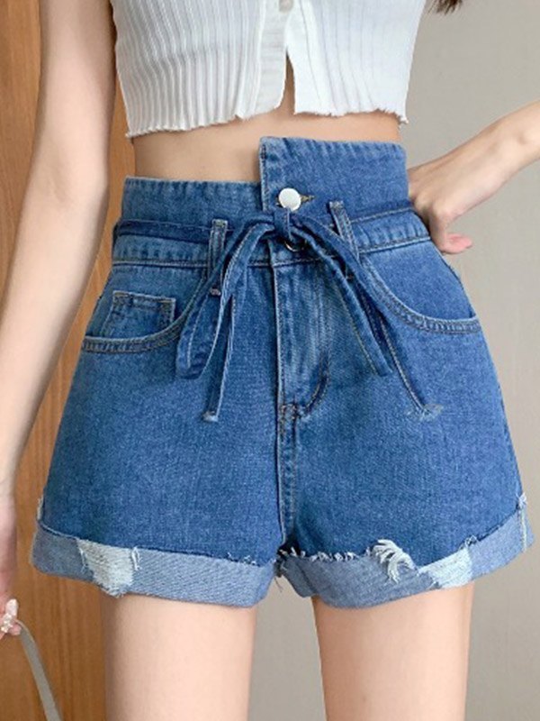 EMMIOL Shorts de mezclilla con dobladillo sin rematar con puños irregulares