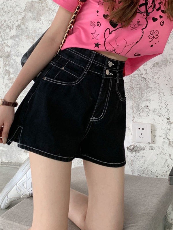2022 Pantaloncini di jeans a vita alta con bottoni spaccati Nero S In Pantaloncini  Jeans Online Store. Best For Sale | Emmiol.com