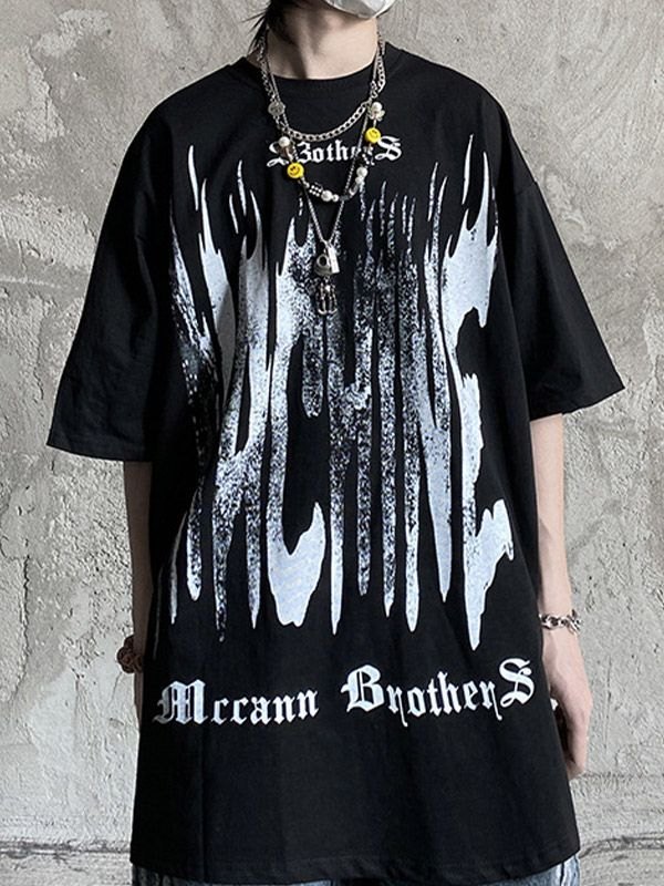 EMMIOL Camiseta con estampado de letras góticas punk salpicadas para hombre