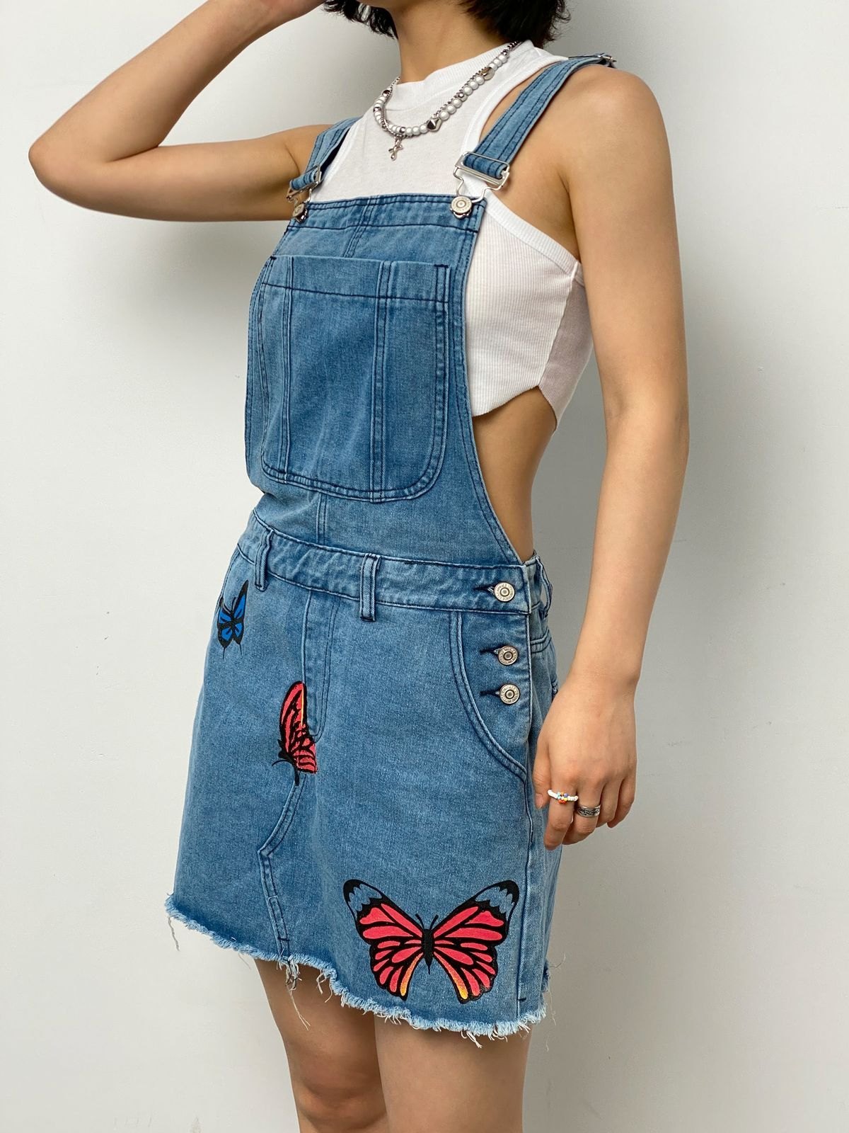 EMMIOL Raw Hem Butterfly Denim Overall Dress