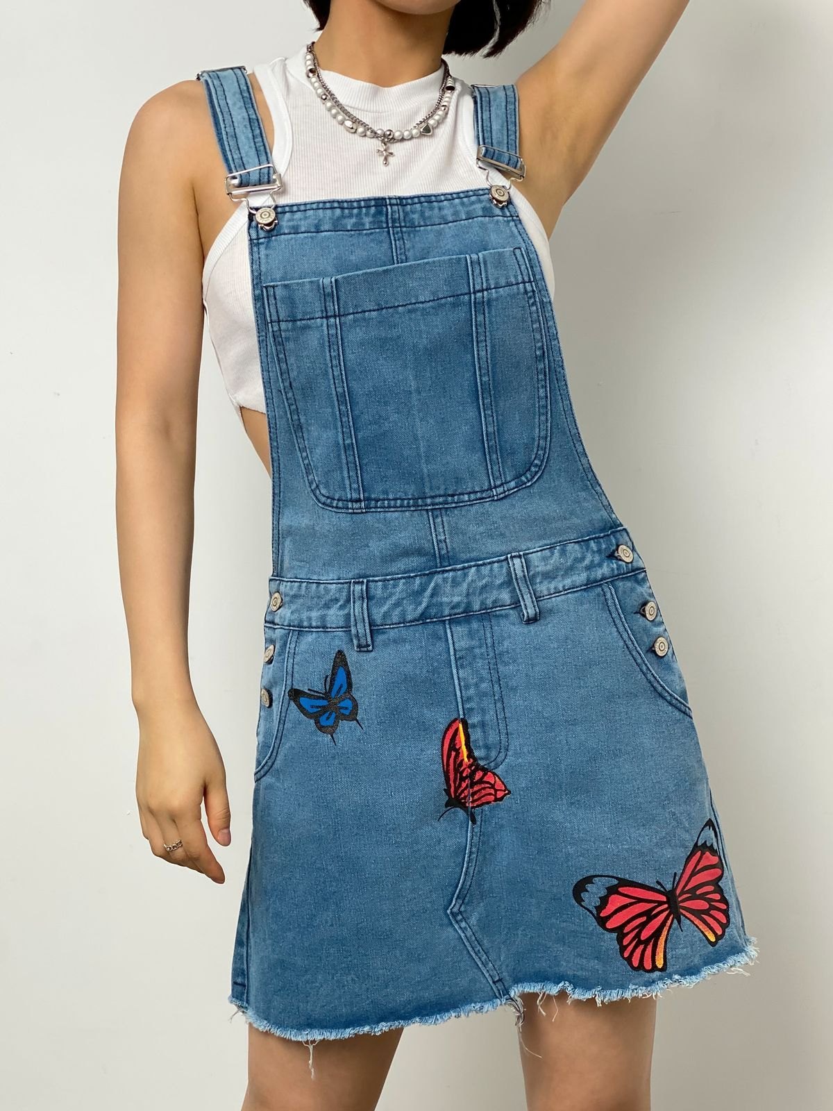 EMMIOL Vestido overol de mezclilla con mariposas y dobladillo sin rematar