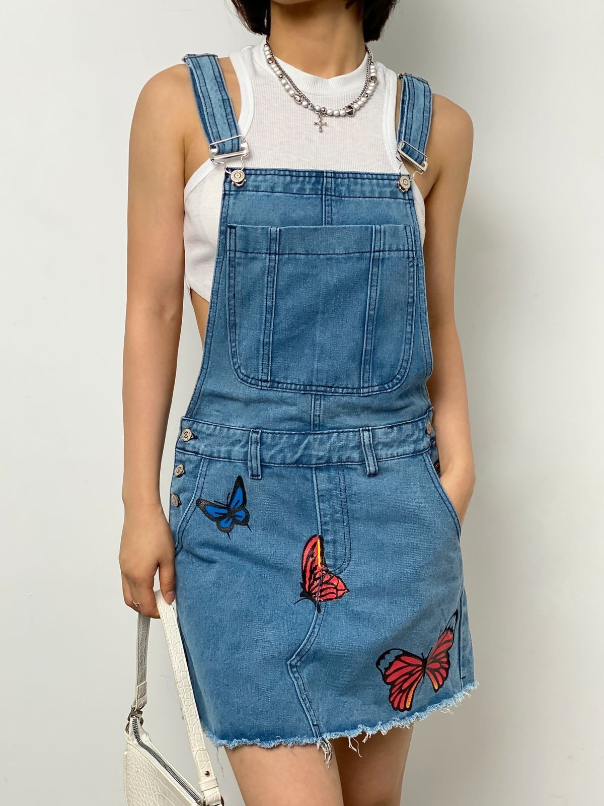 EMMIOL Raw Hem Butterfly Denim Overall Dress