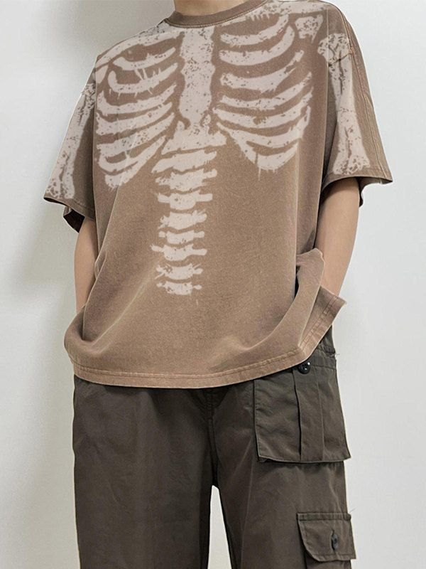 EMMIOL Camiseta con estampado de calaveras lavadas para hombre