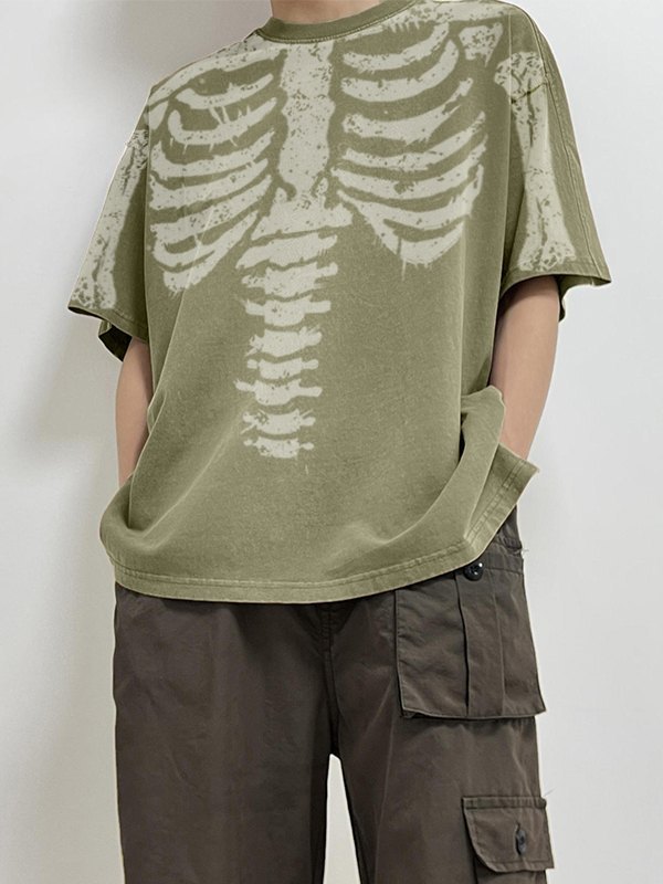 EMMIOL Camiseta con estampado de calaveras lavadas para hombre