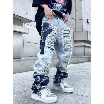 EMMIOL Jeans strappati strappati con patchwork da uomo