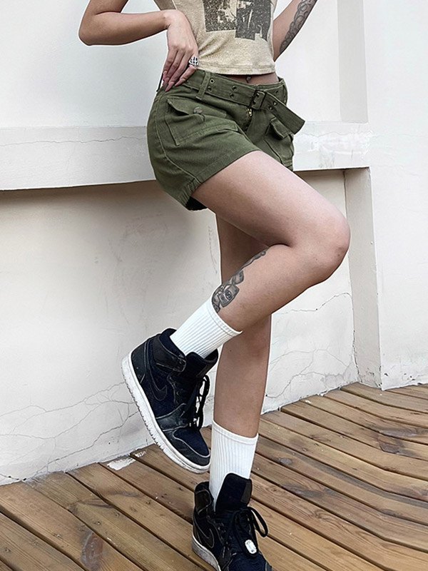 EMMIOL Belted Pocket Denim Cargo Shorts