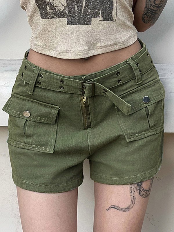 EMMIOL Belted Pocket Denim Cargo Shorts
