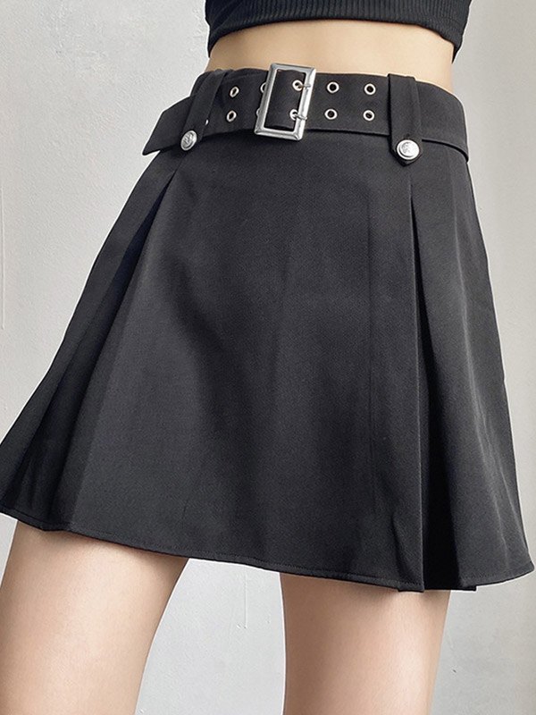 EMMIOL Buckled Belt Pleated Mini Skirt