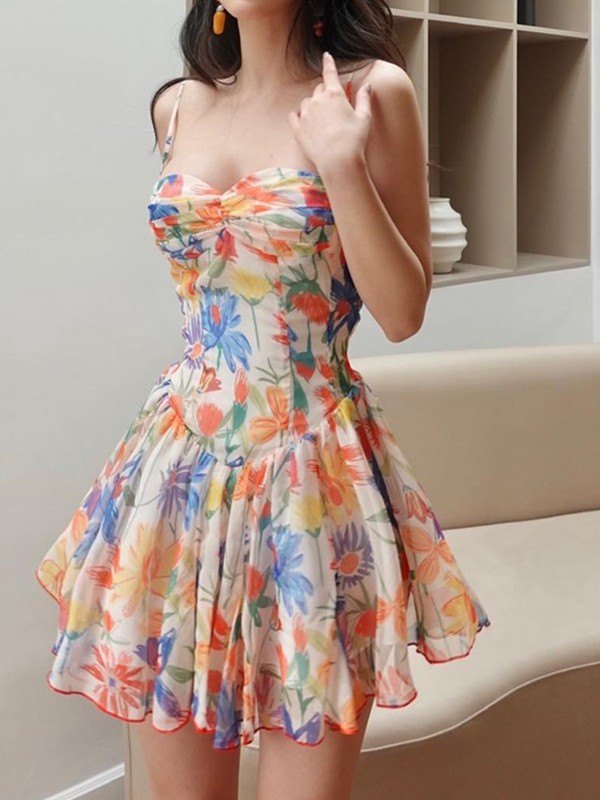 Emmiol Free shipping 2024 Floral Print Summer Mini Dress Orange S in