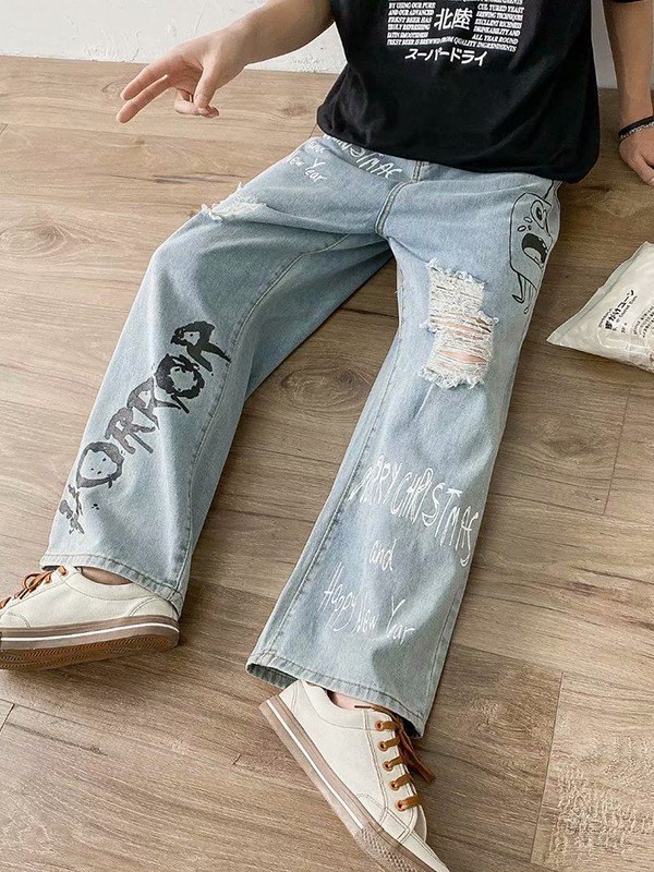 Emmiol Free shipping 2023 Men's Graffiti Print Distress Jeans Blue XL in Loose Jeans online