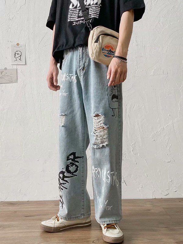 Emmiol Free shipping 2023 Men's Graffiti Print Distress Jeans Blue XL in Loose Jeans online
