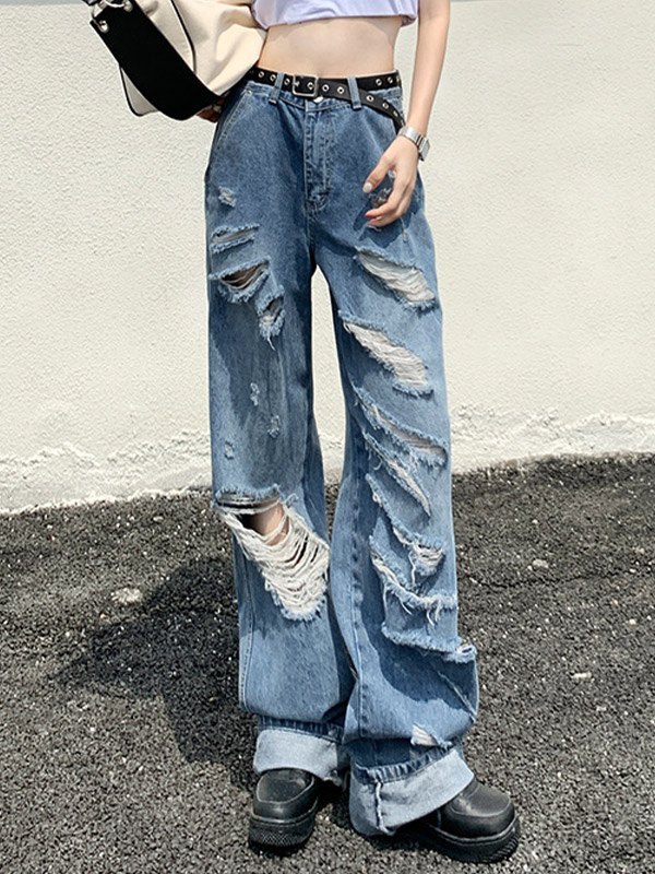 EMMIOL Straight Leg Frayed Ripped Jeans