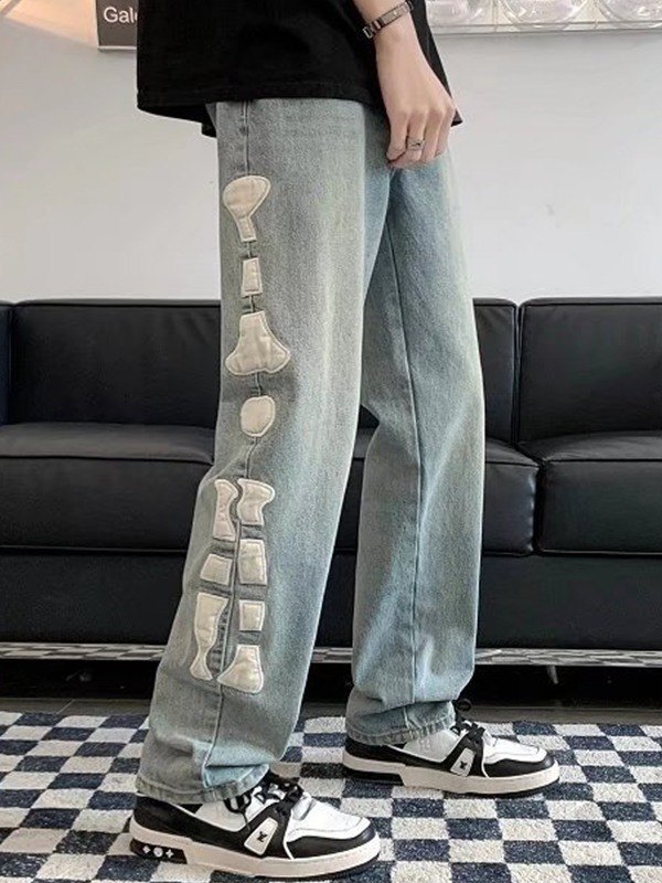EMMIOL Men's Skull Patch Straight Leg Jeans