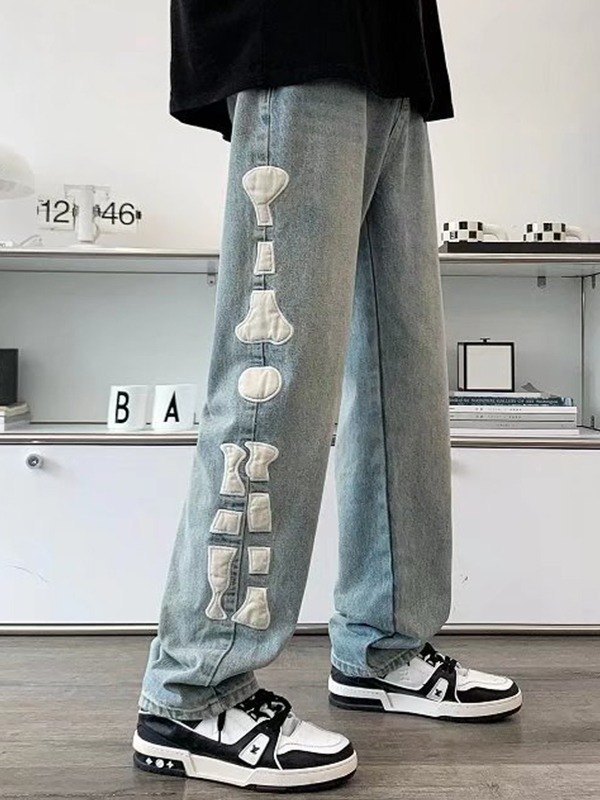 EMMIOL Men's Skull Patch Straight Leg Jeans