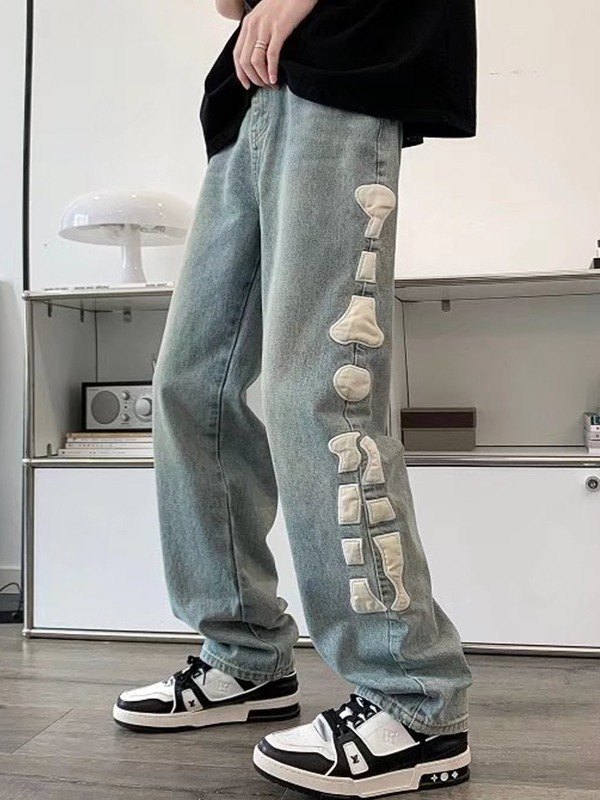 EMMIOL Men's Skull Patch Straight Leg Jeans