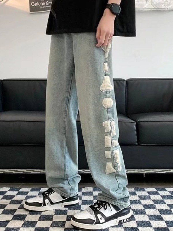 EMMIOL Men's Skull Patch Straight Leg Jeans