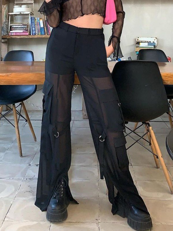 EMMIOL Durchsichtige Netzhose mit geradem Bein und Tasche