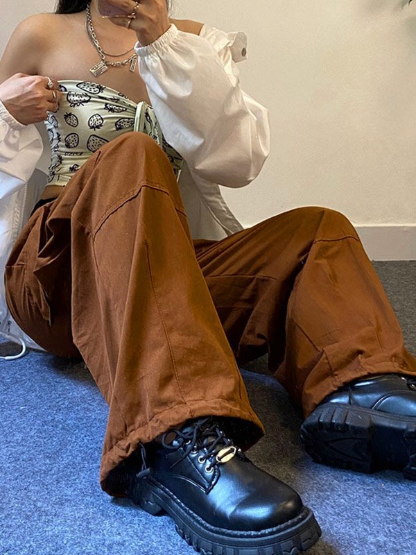 Emmiol Free shipping 2023 Baggy Fit Brown Cargo Pants Brown S in Cargo