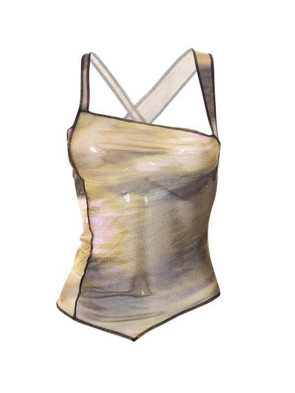 EMMIOL Cross Back Asymmetric Mesh Tank Top