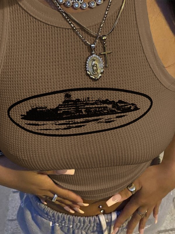 Emmiol Free shipping 2023 Waffle Landmark Cropped Tank Top Brown S in Tank  Tops u0026 Camis online store. | EMMIOL