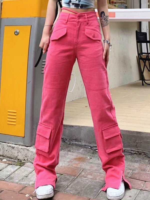 Emmiol Free shipping 2023 Zipper Detail Pocket Cargo Pants Pink M in Cargo Jeans online store