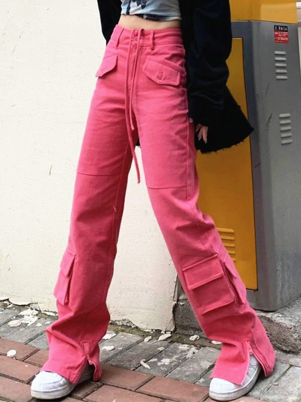 Emmiol Free shipping 2023 Zipper Detail Pocket Cargo Pants Pink M in Cargo Jeans online store