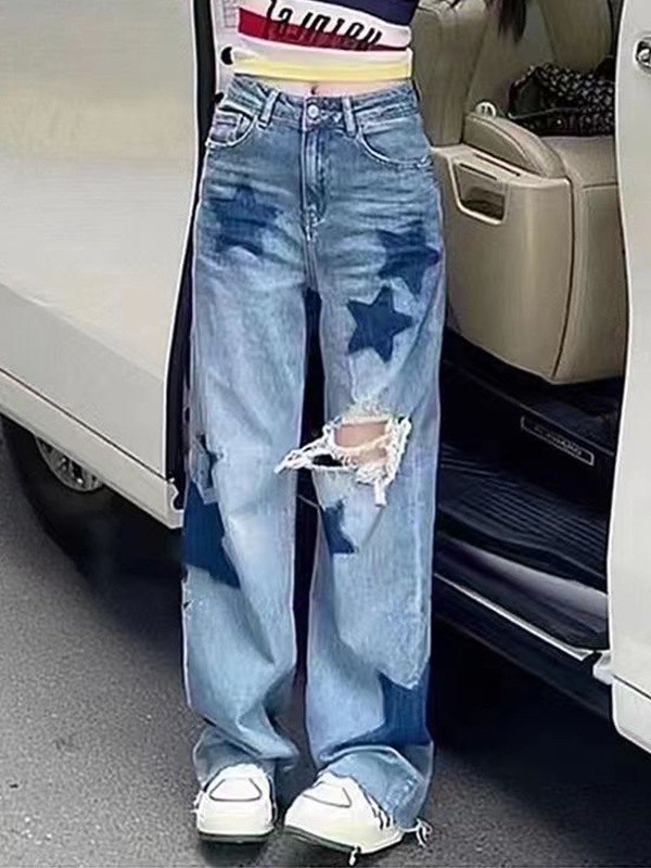2022 Jeans strappati dal taglio boyfriend con stampa di stelle Blu S In Jeans  boyfriend Online Store. Best For Sale | Emmiol.com