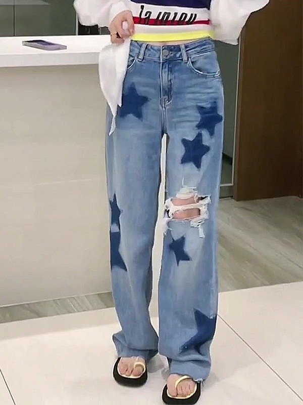 2022 Jeans strappati dal taglio boyfriend con stampa di stelle Blu M In Jeans  boyfriend Online Store. Best For Sale | Emmiol.com