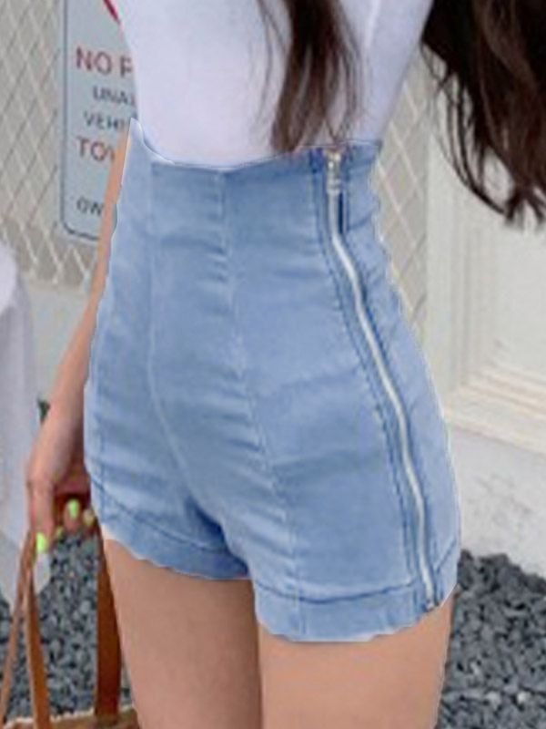 EMMIOL Skinny Denim Shorts mit hoher Taille und Reißverschluss