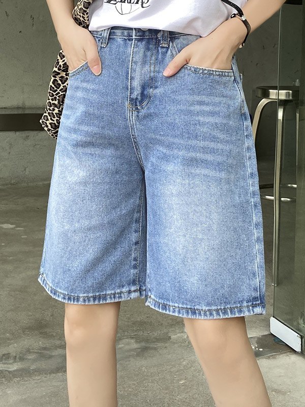 EMMIOL Washed High Waist Bermuda Denim Shorts