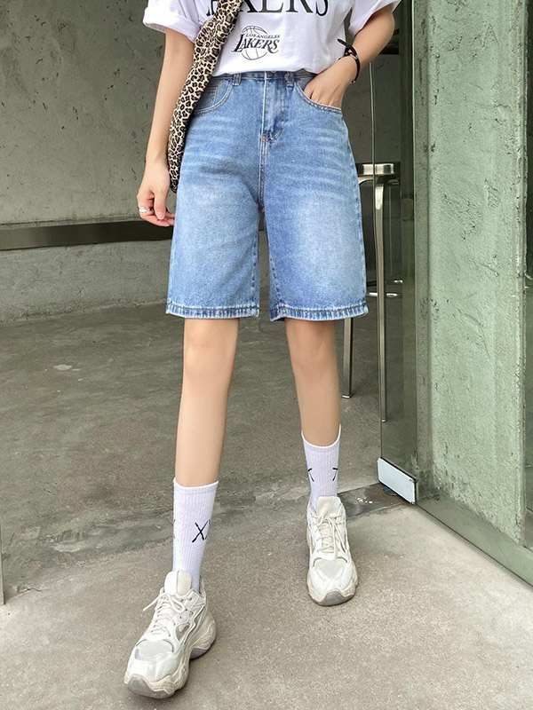 EMMIOL Washed High Waist Bermuda Denim Shorts