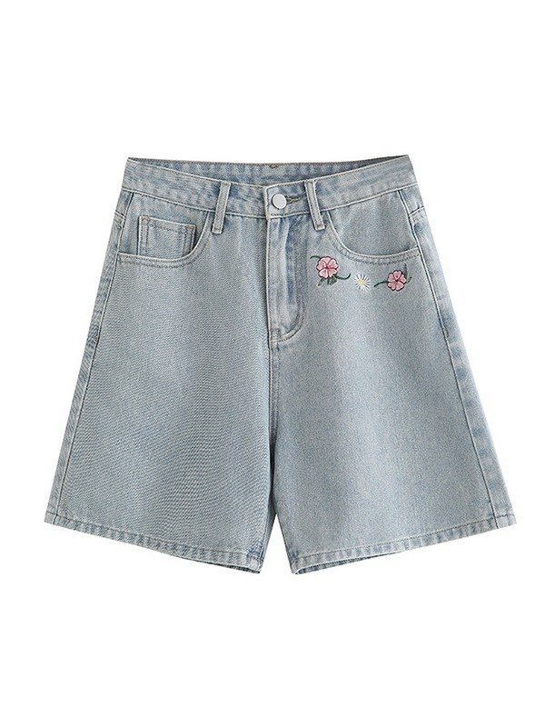 EMMIOL Light Wash Floral Embroidery Denim Shorts