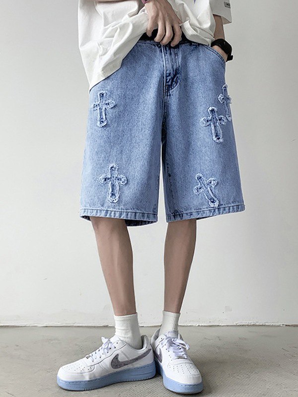 EMMIOL Shorts de mezclilla con parches cruzados para hombre