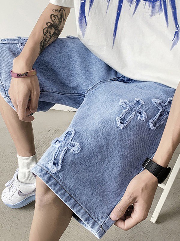 EMMIOL Shorts de mezclilla con parches cruzados para hombre