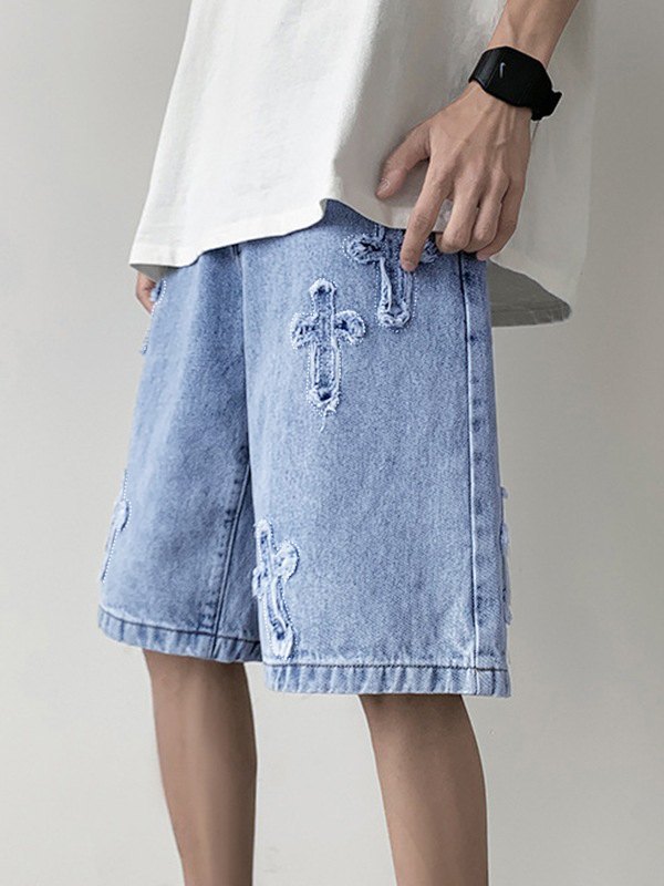 EMMIOL Shorts de mezclilla con parches cruzados para hombre