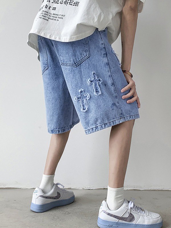 EMMIOL Shorts de mezclilla con parches cruzados para hombre