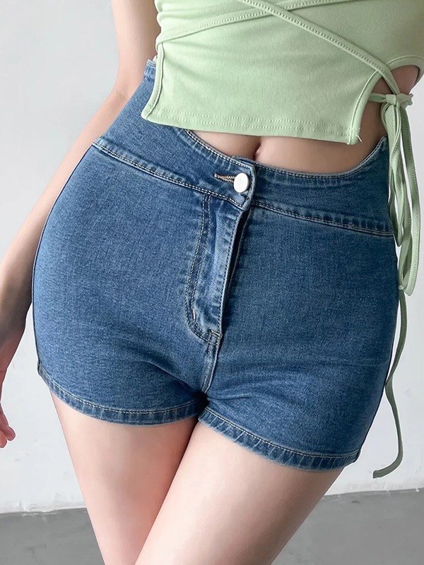 EMMIOL Shorts de mezclilla ajustados elásticos asimétricos