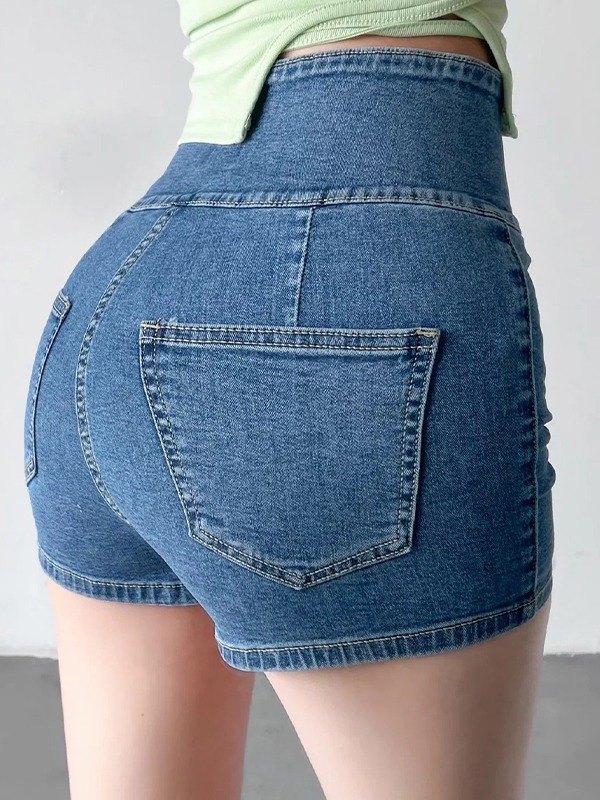 EMMIOL Shorts de mezclilla ajustados elásticos asimétricos