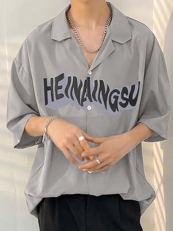 EMMIOL Camisa con botones y estampado de letras para hombre