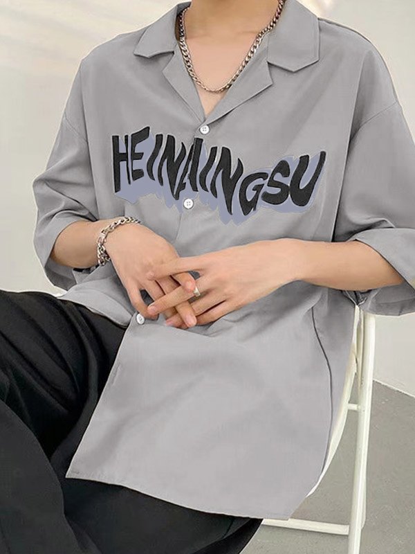 EMMIOL Camisa con botones y estampado de letras para hombre