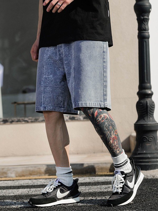 EMMIOL Pantalones cortos de mezclilla de pierna recta con estampado de dibujos animados para hombre