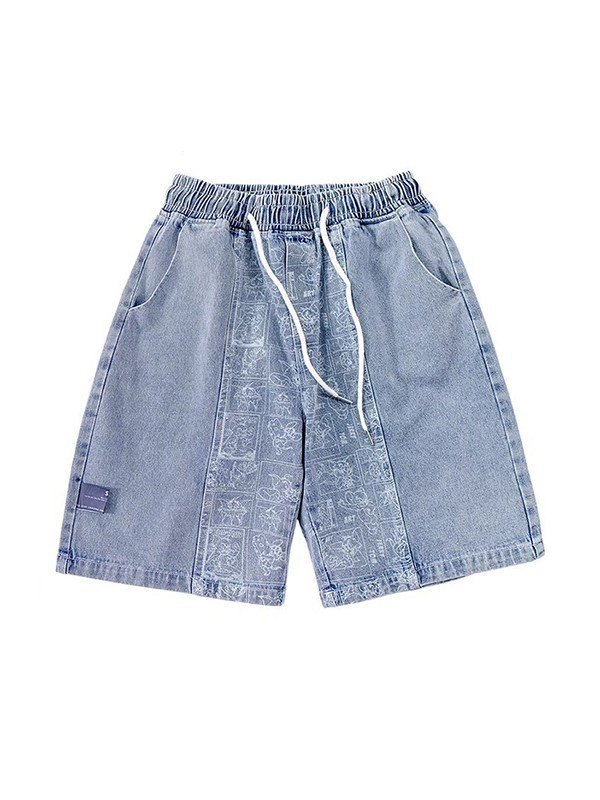 EMMIOL Pantalones cortos de mezclilla de pierna recta con estampado de dibujos animados para hombre