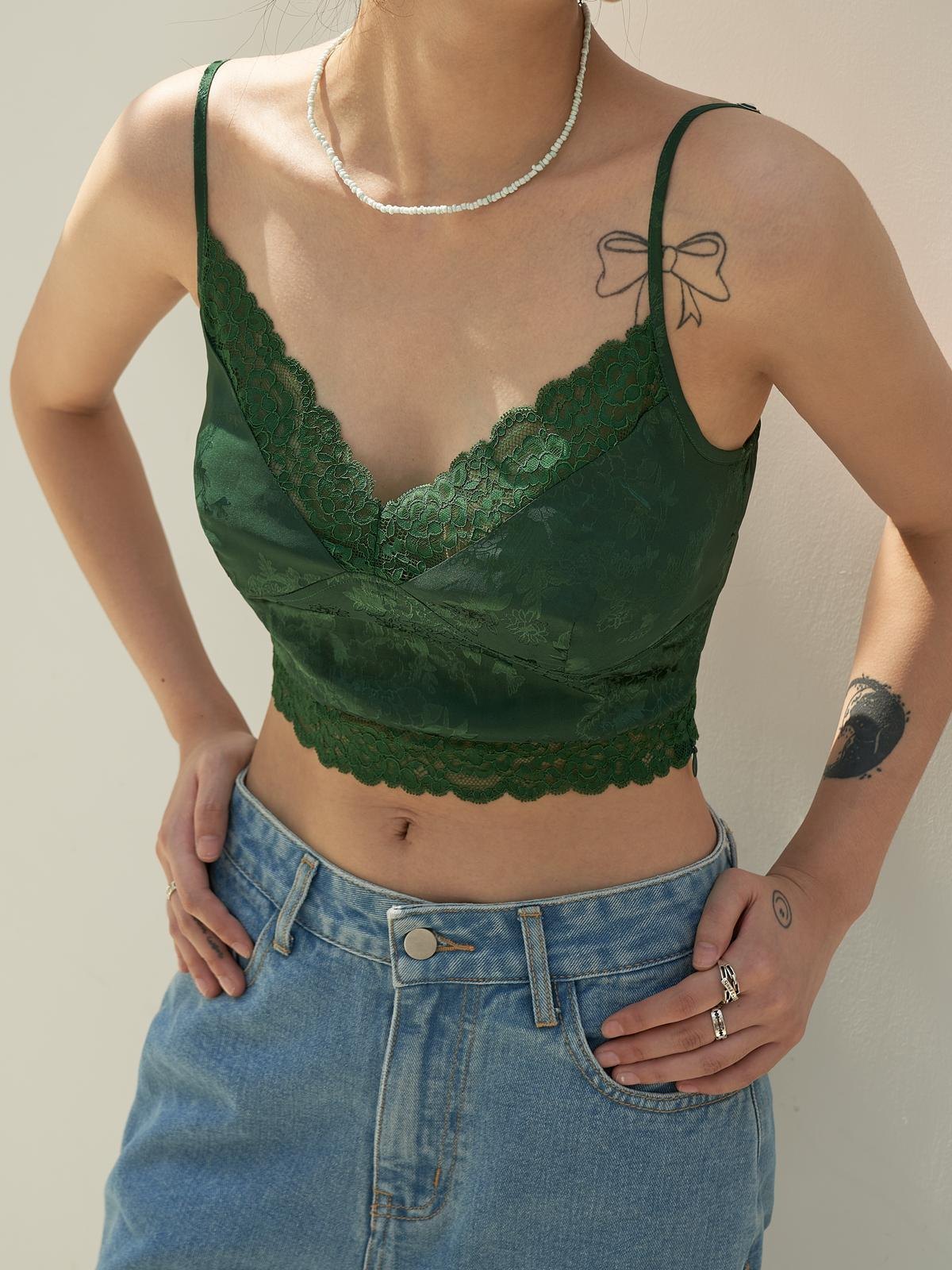 EMMIOL Emmiol Green Satin Lace Trim Cami Top