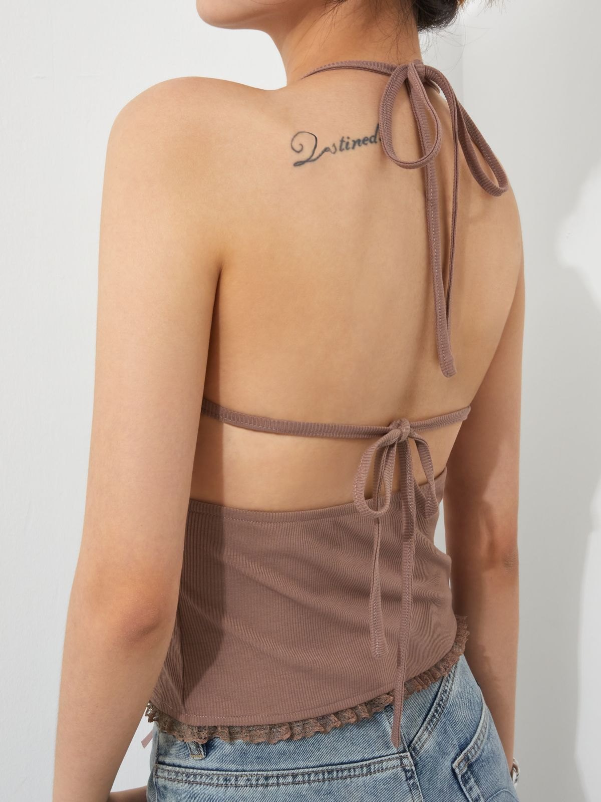 EMMIOL EMMIOL  Lace Trim Split Halter Y2K Cami Top