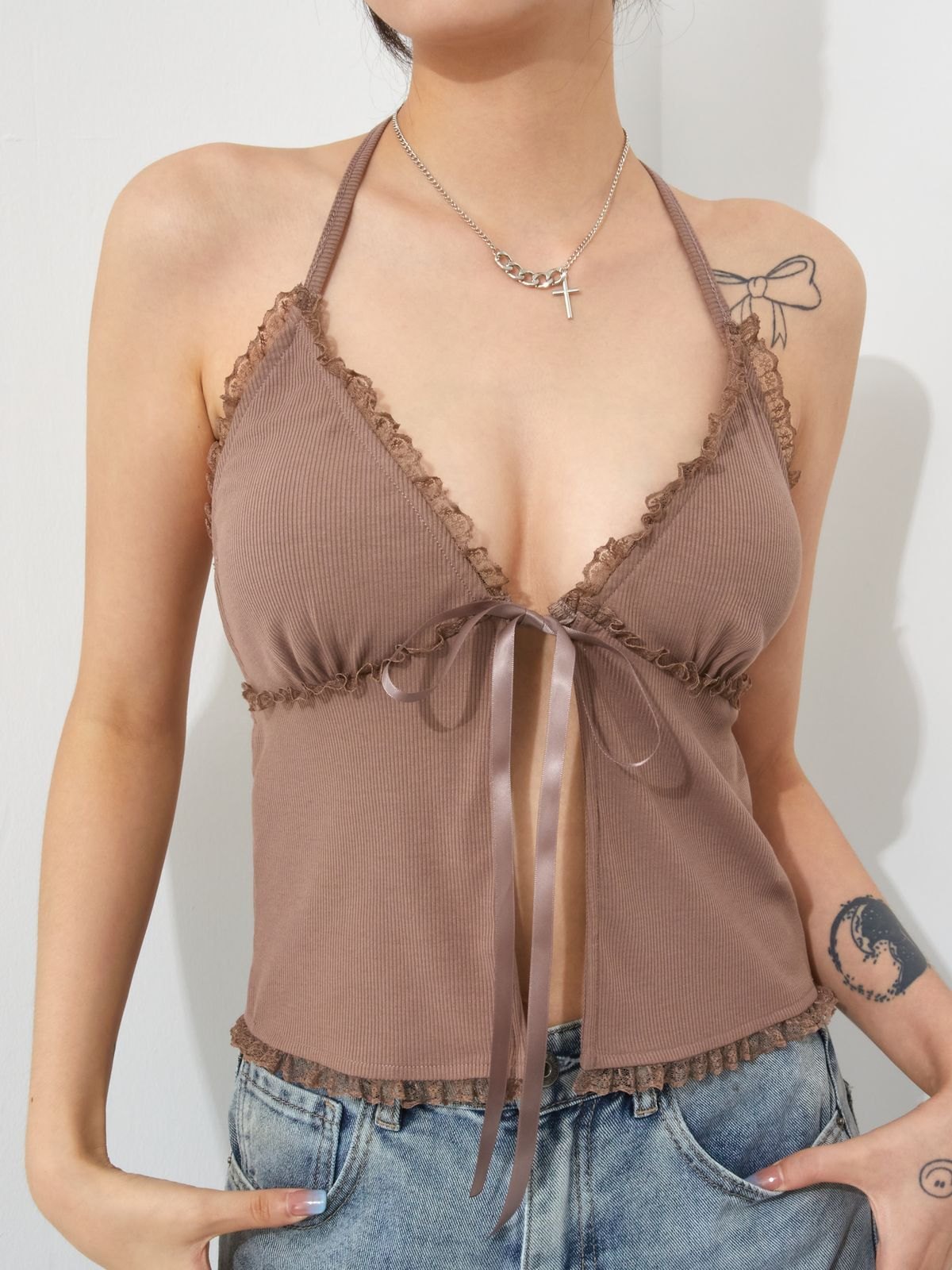 EMMIOL EMMIOL  Lace Trim Split Halter Y2K Cami Top