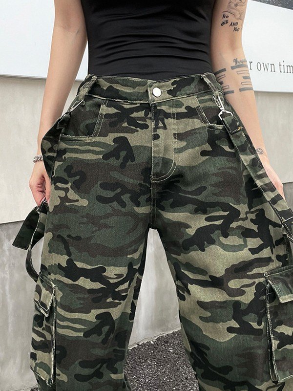 EMMIOL Baggy Camo Cargo-Jeans mit abnehmbarem Riemen