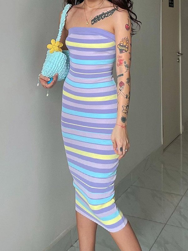 EMMIOL Vestido largo sin tirantes a rayas con bloques de color