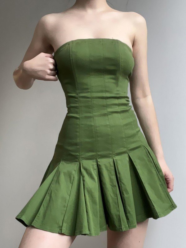 EMMIOL Mini vestido sin tirantes plisado verde