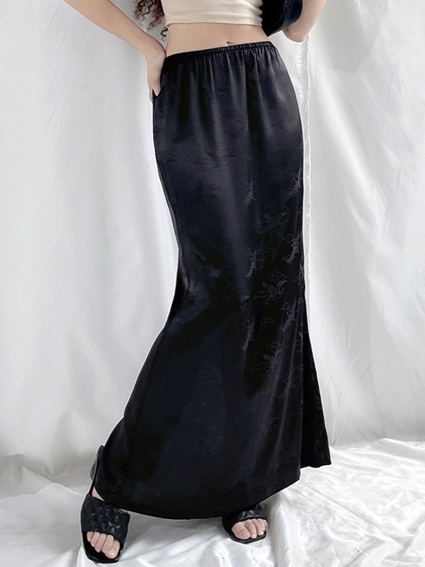 EMMIOL Vintage Jacquard Split Satin Maxi Skirt