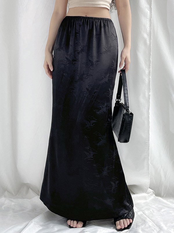 EMMIOL Vintage Jacquard Split Satin Maxi Skirt